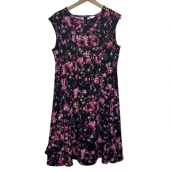 London Times Woman Black Pink Floral A-Line Psychedelic Dress Plus Size 16W - Picture 2 of 10